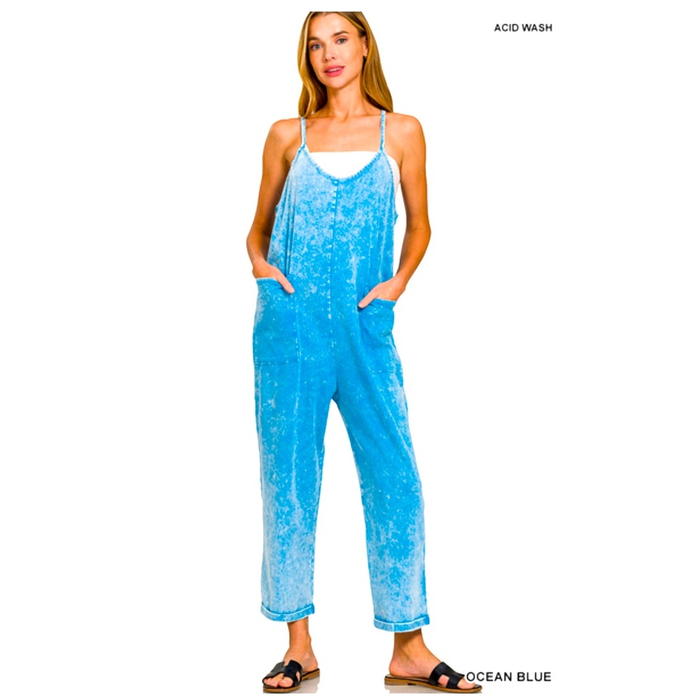 Zenana WASHED SPAGHETTI STRAPS OVERALLS WITH POCKETS S/M Small Medium, NWOT